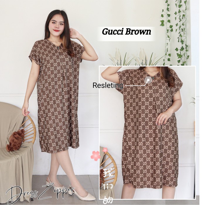 daster panjang Daster Zipper Homewear Busui Friendly Bahan RAYON GUCCI BROWN D7O2 murah daster rayon