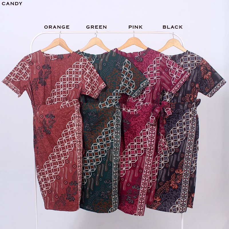 Evercloth Candy Dress Batik Wanita Dress Wanita Jumbo Batik Dress Pita Pinggang Gaun Batik Kerja Terusan