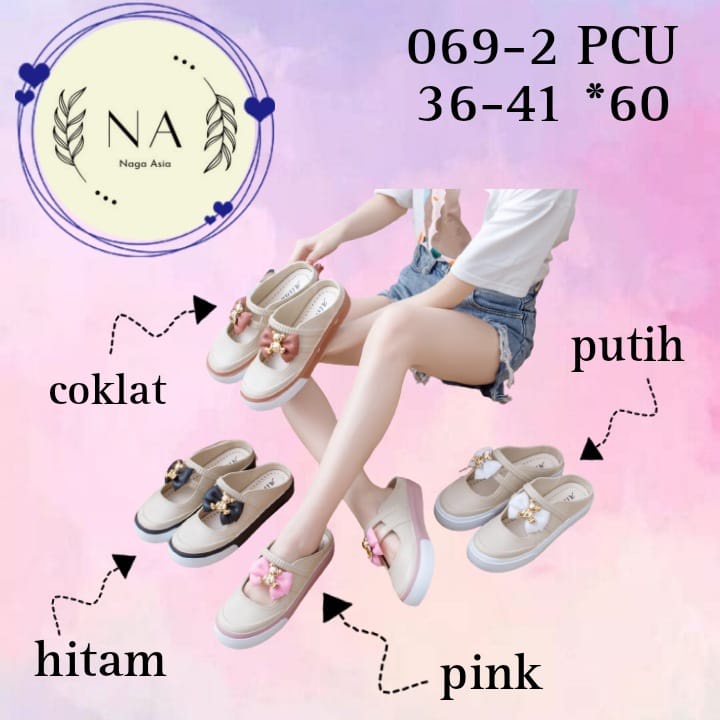 Sandal mules wanita dewasa import dekorasi pita  069-2 ( 36-41 ) Terbaru