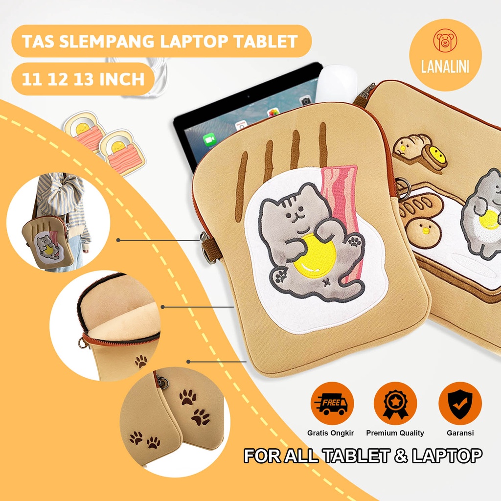 Sleeve Pouch Sarung Tas Bag Case Ipad Tab Tablet Macbook Air Pro Laptop Asus Acer Lenovo HP Huawei 11 12 13 14 15 inch Motif Gambar Kucing Cat Warna Coklat Cream Lucu Cute Murah Korean Model Tali Selempang Jinjing Bahu Pundak