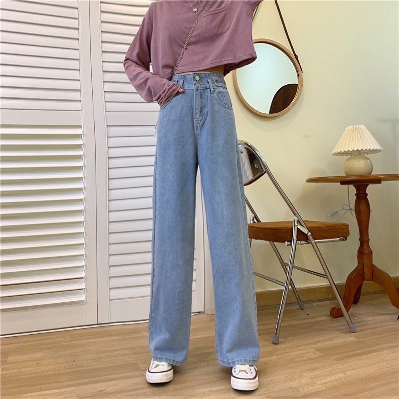 EUNII Celana Panjang Jeans Wanita Boyfriend Loose High Waist Korean Style Jeans