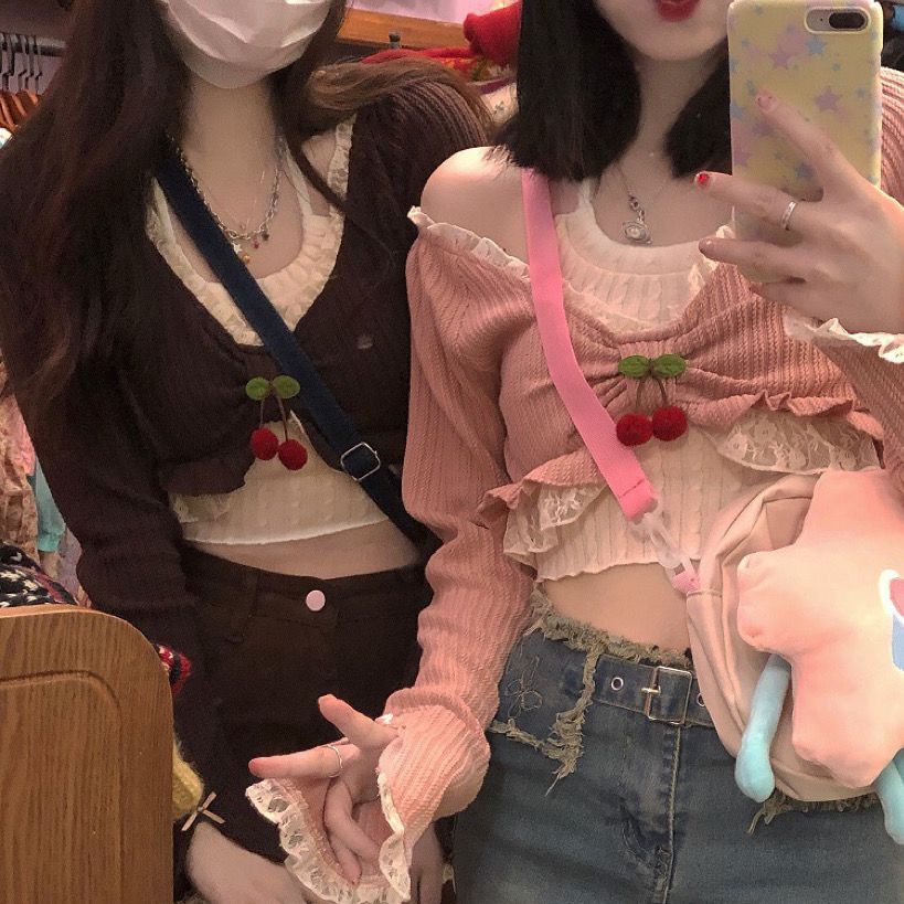 Red Musim Gugur Jepang Lembut Gadis Lucu Keinginan Murni Angin Renda Renda Rajutan Cardigan Top Jaket Siswa All-Match Dua Potong set