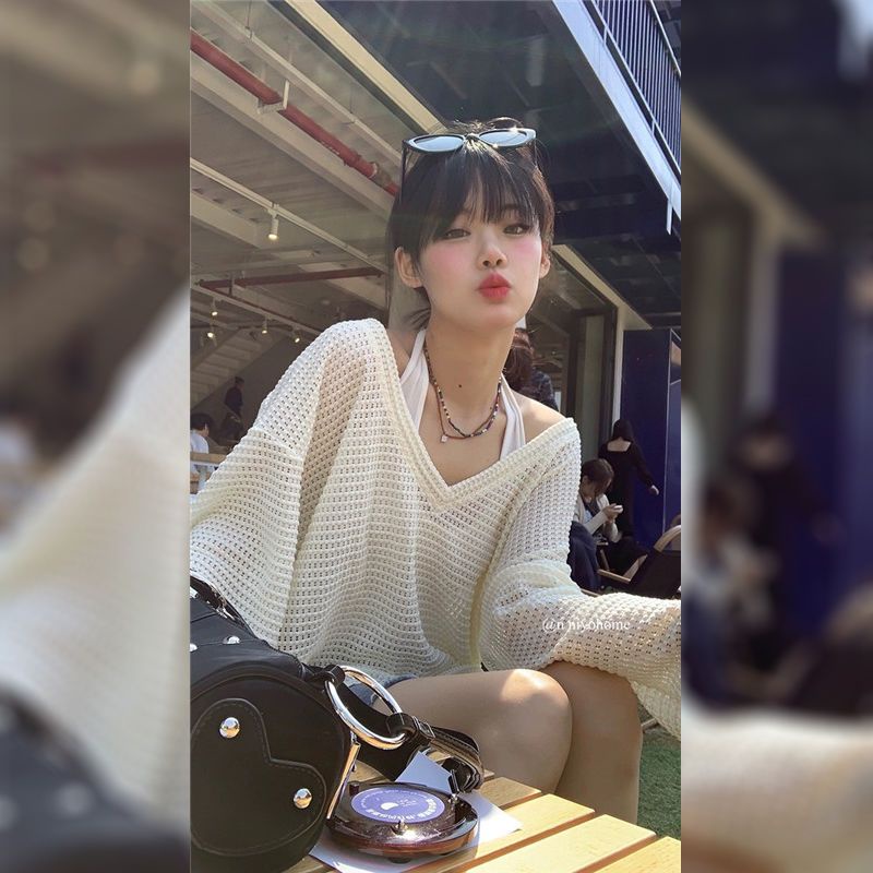 Red Musim panas baru bagian tipis berongga sweter rajut anak sekolah rasa chic tops memakai blus perlindungan matahari di dalam dan di luar