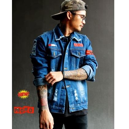 HARGA BERSAHABAT TERLARIS  JAKET JEANS DENIM PRIA KEREN BAHAN TEBAL RIPED JAPANES SOBEK SOBEK TULISA