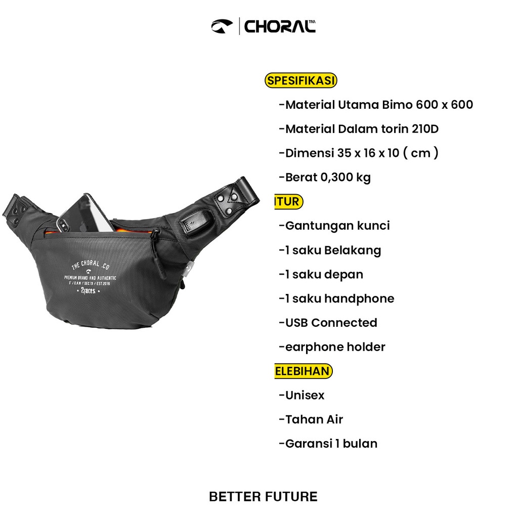 CHORAL VEGAS | Tas Pinggang Selempang Waistbag Pria Big Compartment &amp; 2 Side Color Water Resistant