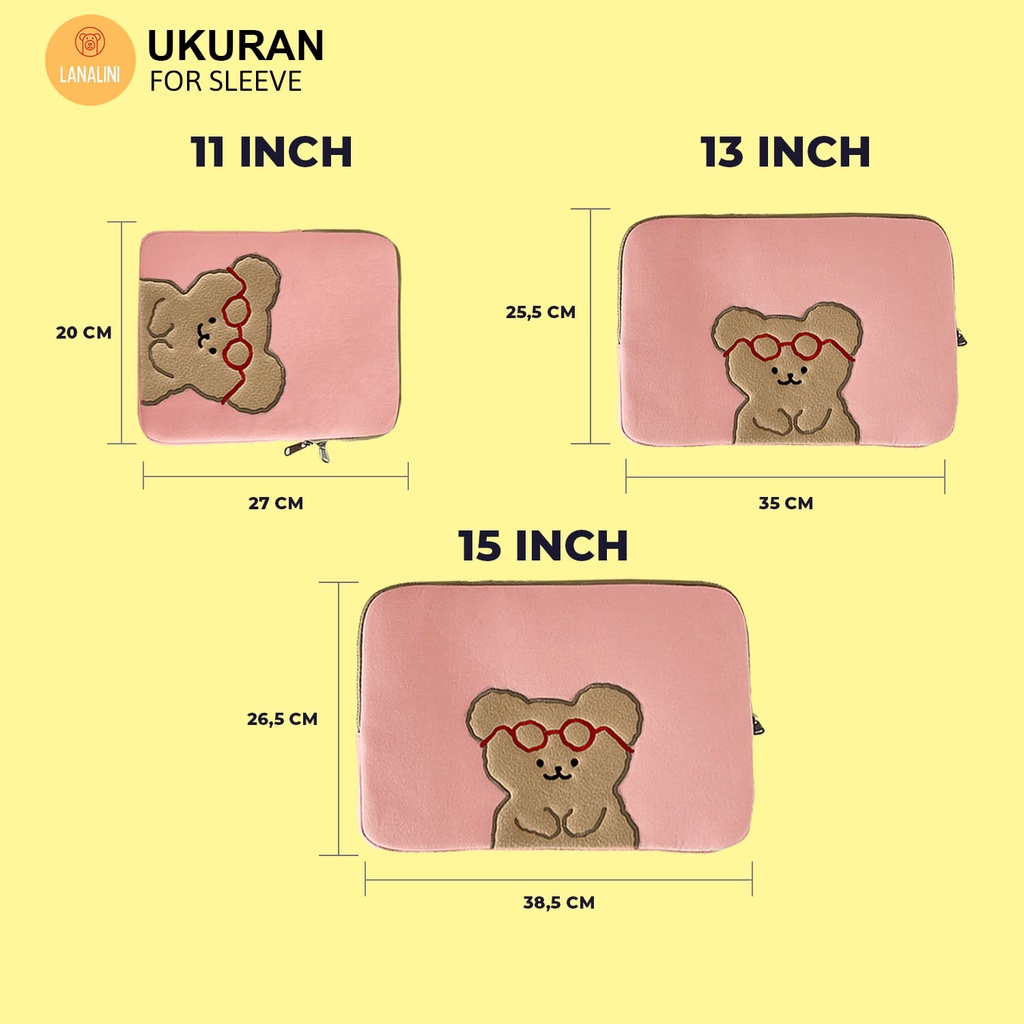 Sleeve Pouch Sarung Tas Bag Case Ipad Tab Tablet Macbook Air Pro Laptop Asus Acer Lenovo HP Huawei 11 12 13 14 15 inch Motif Gambar Beruang Bear Warna Pink Lucu Cute Murah Korean Model