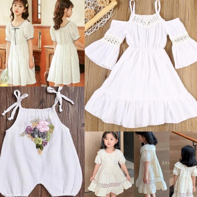 Dress putih polos renda linen pantai baju anak cewek lembut import