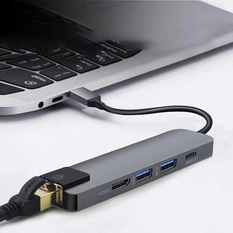 USB Type C Hub 5 in 1 LAN HDMI Pass-through Charging - YC-206 - Gray