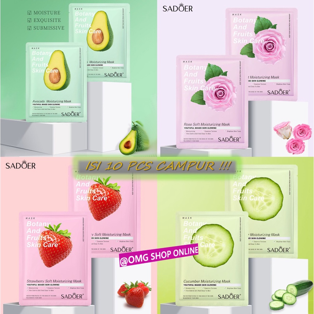 Isi 10 Pcs CAMPUR !! Masker Wajah Botany &amp; Fruits Skin Care Mask Sadoer Serum Glowing Facial Sheet Mask / Masker Wajah Pemutih dan Glowing Masker Muka / Masker Wajah Organik Korea Viral / Serum Wajah Pria Wanita Masker Wajah Komedo dan Pori Jerawat