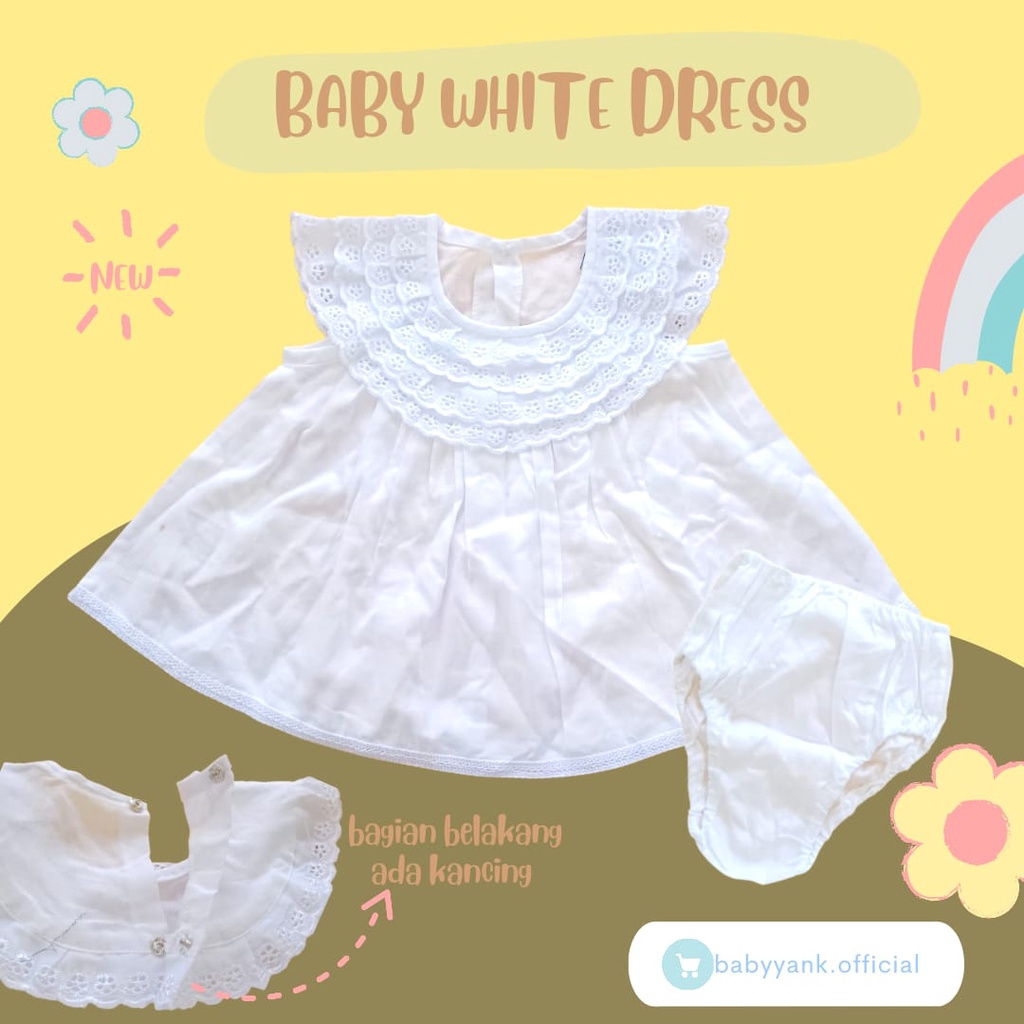 ♥BabyYank♥ Baju Dress Bayi Perempuan Newborn Putih 0-3 Bulan - Dress Aqiqah Akikah Baptis