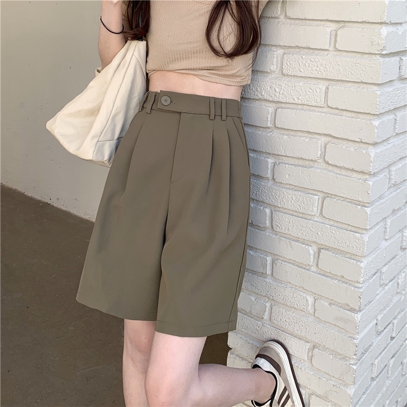 EUNII Korean Style Celana Pendek High Waist Wanita Selutut Shorts Santai