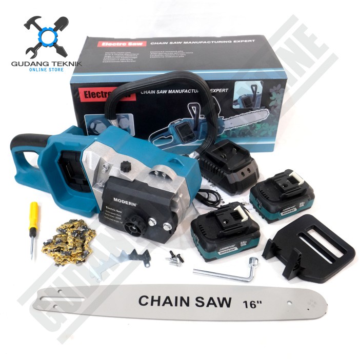 Mesin Chainsaw Gergaji Potong Kayu CORDLESS 16&quot; MODERN / Mesin Gergaji Kayu Pohon BATERAI BATERY Bar Rantai 16 Inch MODERN