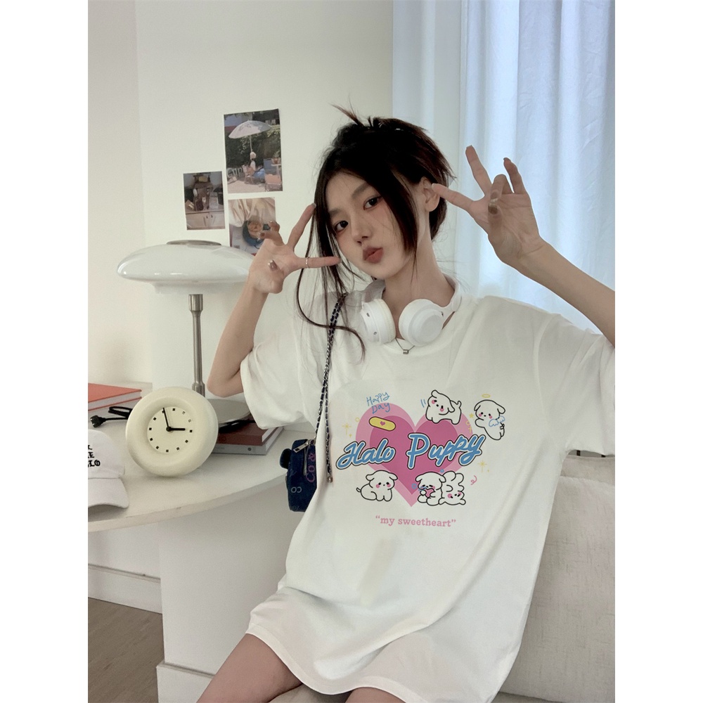 EUNII T-shirt Lengan Pendek Cartoon Pink Heart Dog Korean Style/Kaos Atasan Wanita/Baju Kaus Oversize Wanita/Kaos Wanita