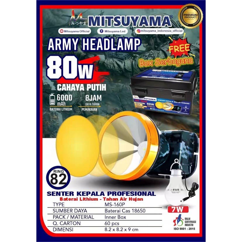 COD Senter Kepala Profesional 80 Watt Plus Bohlam Mitsuyama MS-160P Headlamp Cahaya Putih