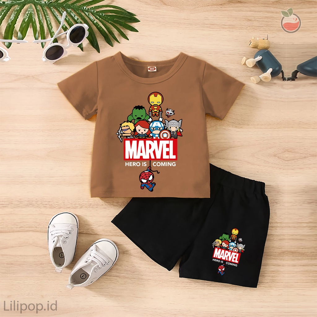 Baju Anak Stelan Kaos 3/4  SUPERHERO Cowok Cewek  Usia 1 - 4 Tahun Celana Pendek Harian