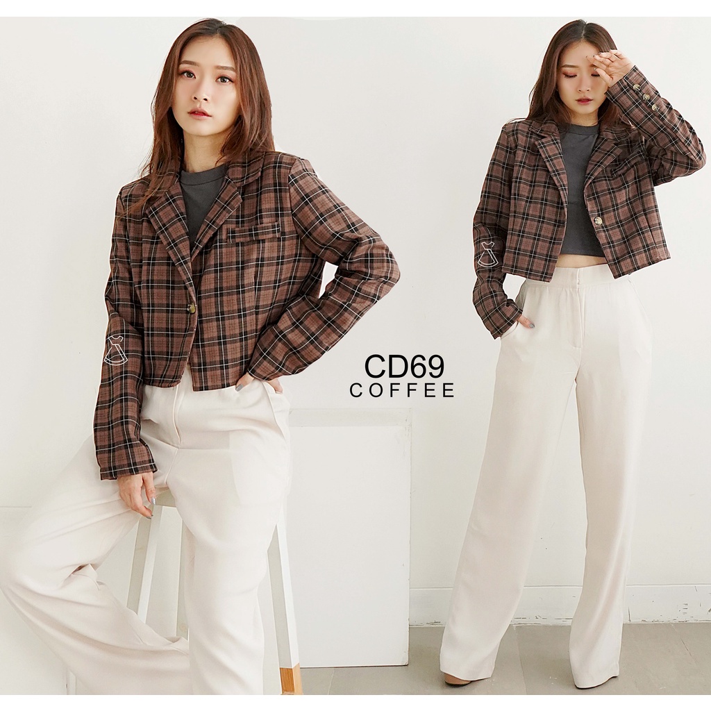 CD69 - Outer Blazer Wanita Basic Cropped Linen Stylish Casual Look