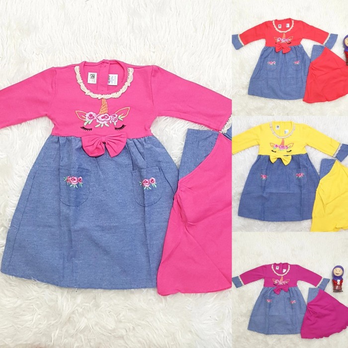 Baju Gamis Anak Perempuan Baju Muslim Unicorn Kombinasi Semi Jeans B6E1 kekinian Busana Muslim brand