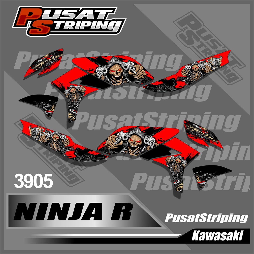 3905 Striping Semifull Set Kanan Kiri Motor Ninja R Lama Variasi Desain Tengkorak Pistol Stiker read