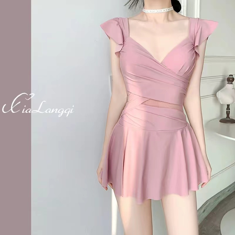Women's one-piece Solid Color French Sweet Dress Style Swimsuit