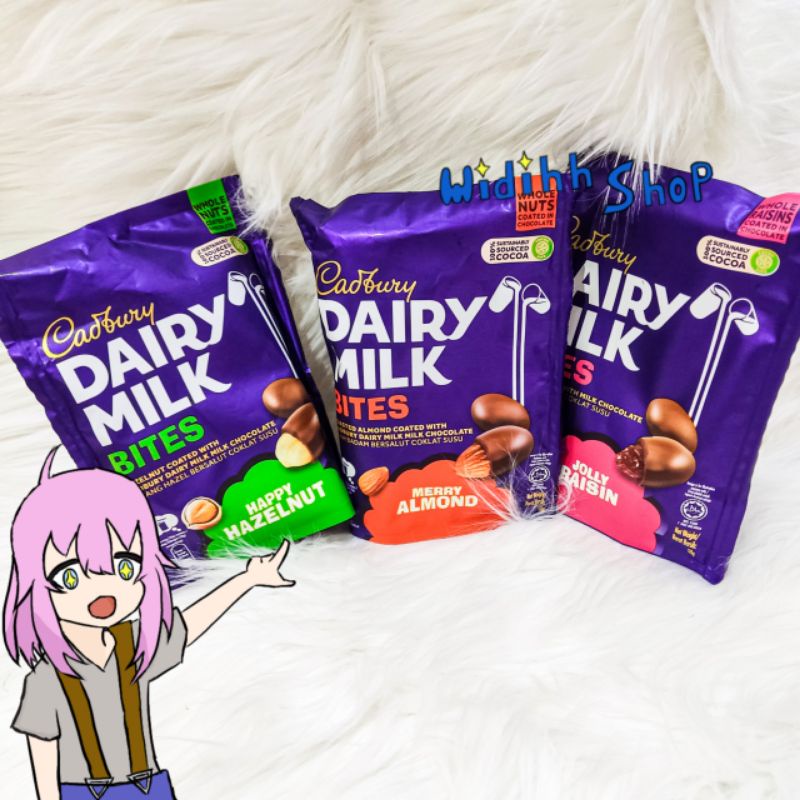 Dairy Milk Bites / Cadbury / Cadbury Dairy Milk Chocolate / Roasted Almond / Hazelnut / Raisin / Kismis / Kacang Hazelnut / Buah Badam / Coklat Susu / Merry Almond / Happy Hazelnut / Jolly Raisin