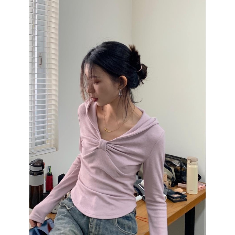 Red Gaya amerika bahu t-shirt pakaian luar berkerudung atasan rajut busur bottoming kemeja slim-fit manis keren lengan panjang musim semi baru