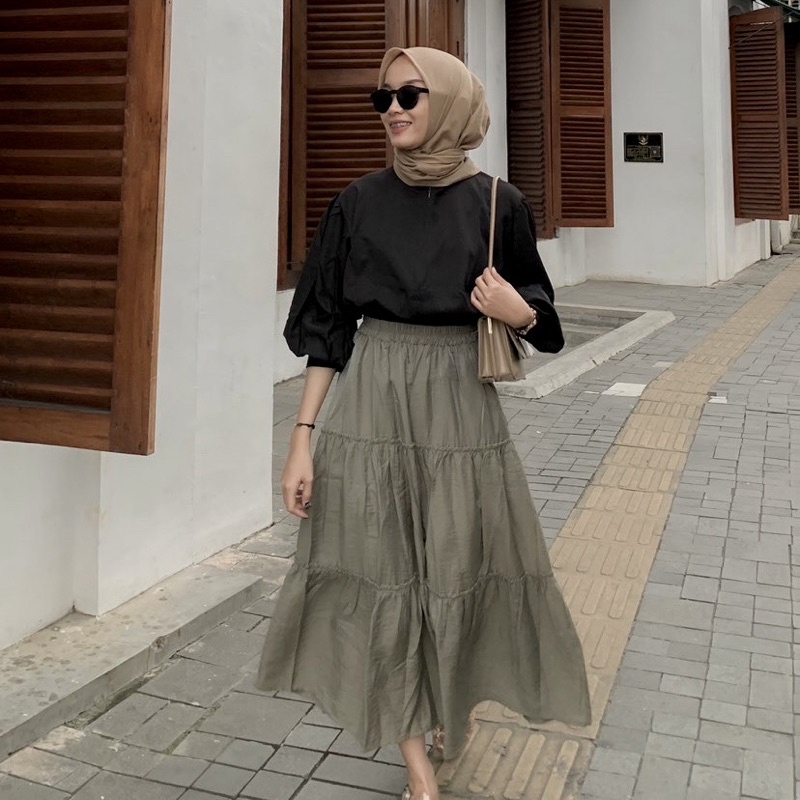 BOGATA SHIMMER SKIRT DENGAN FURING / Rok midi / rok lebar / layer skirt / shimmer skirt