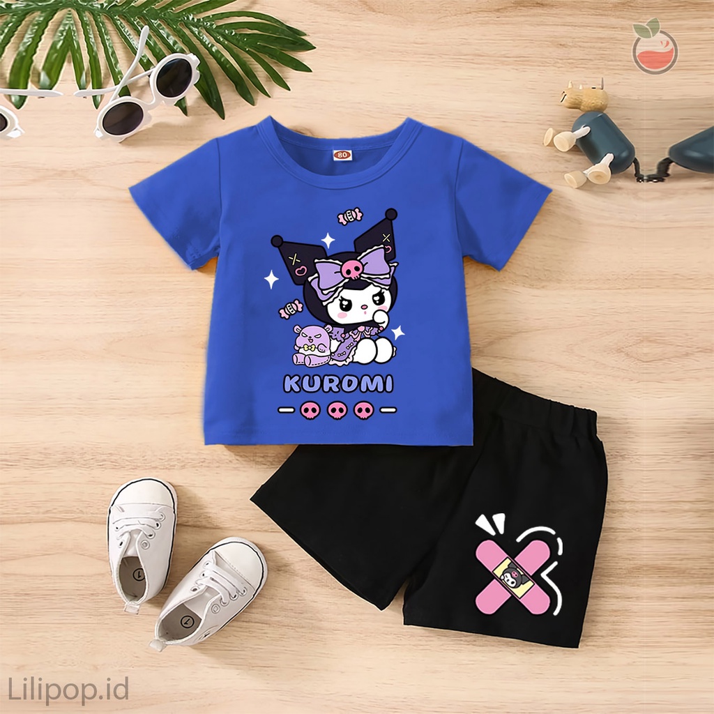 Baju Anak Stelan Kaos 3/4  KUROMI Cowok Cewek  Usia 1 - 4 Tahun Celana Pendek Harian