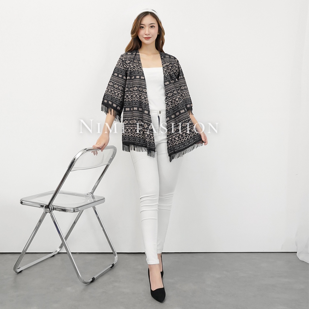 NIMI - Cardigan Bohemian Rawis Cardigan Wanita Korea Tribal Rumbai