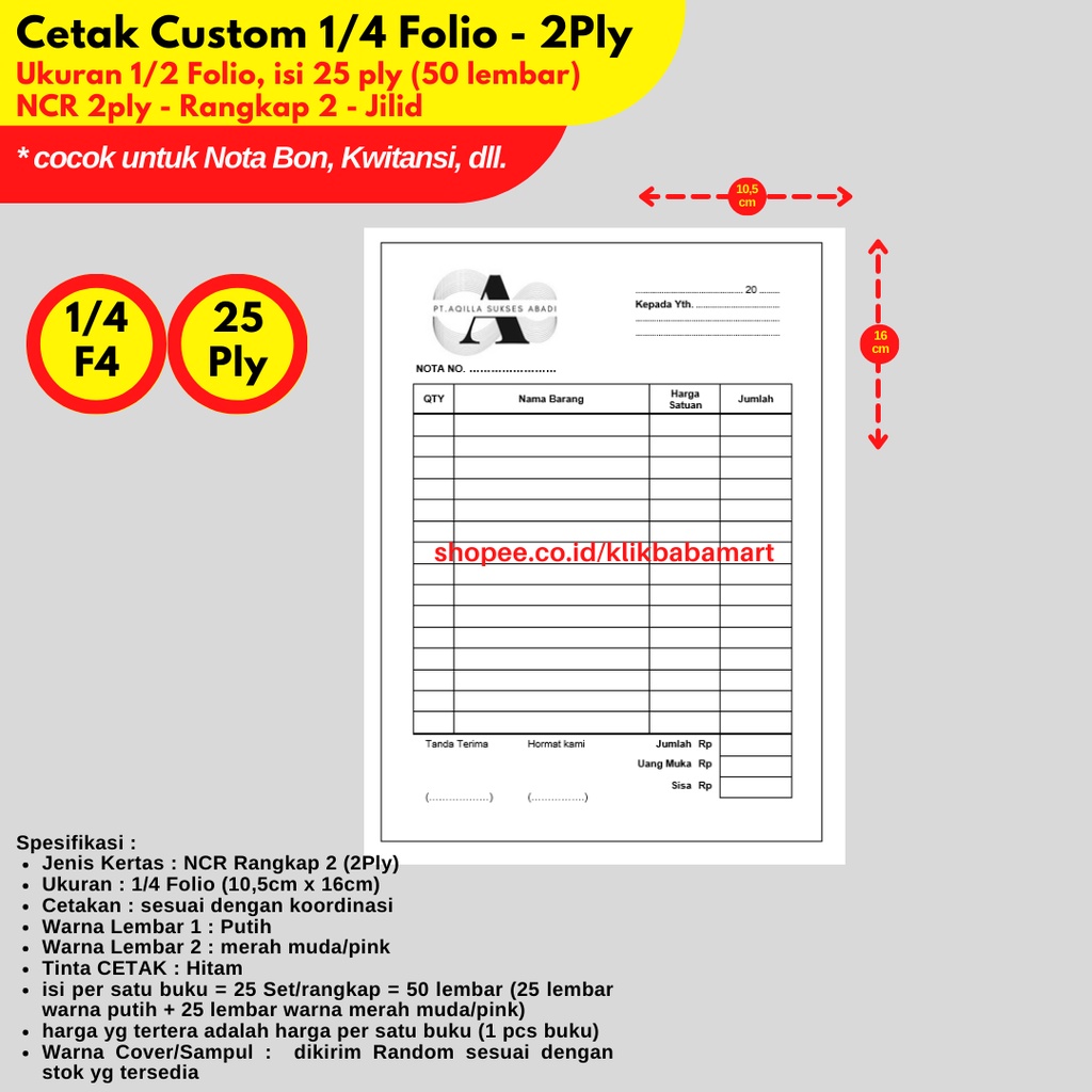 

CETAK CUSTOM KERTAS NCR 1/4 FOLIO RANGKAP 2 PLY