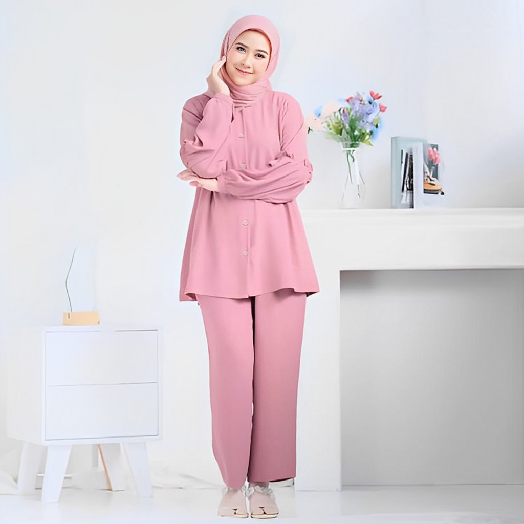 Ramdan Collection- Cleona One Set Crinkle Baju Set Wanita Kekinian Ruffle Korean Style Fashion Muslim Baju Setelan Wanita Import Jumbo