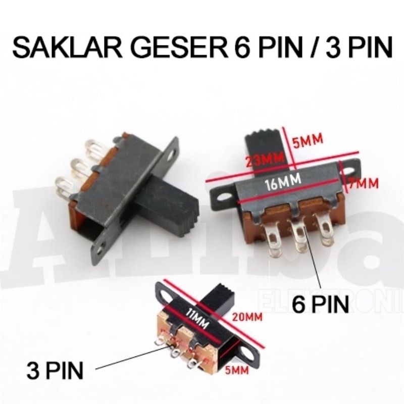 Saklar geser 3, 6kaki 4mm SS12F15