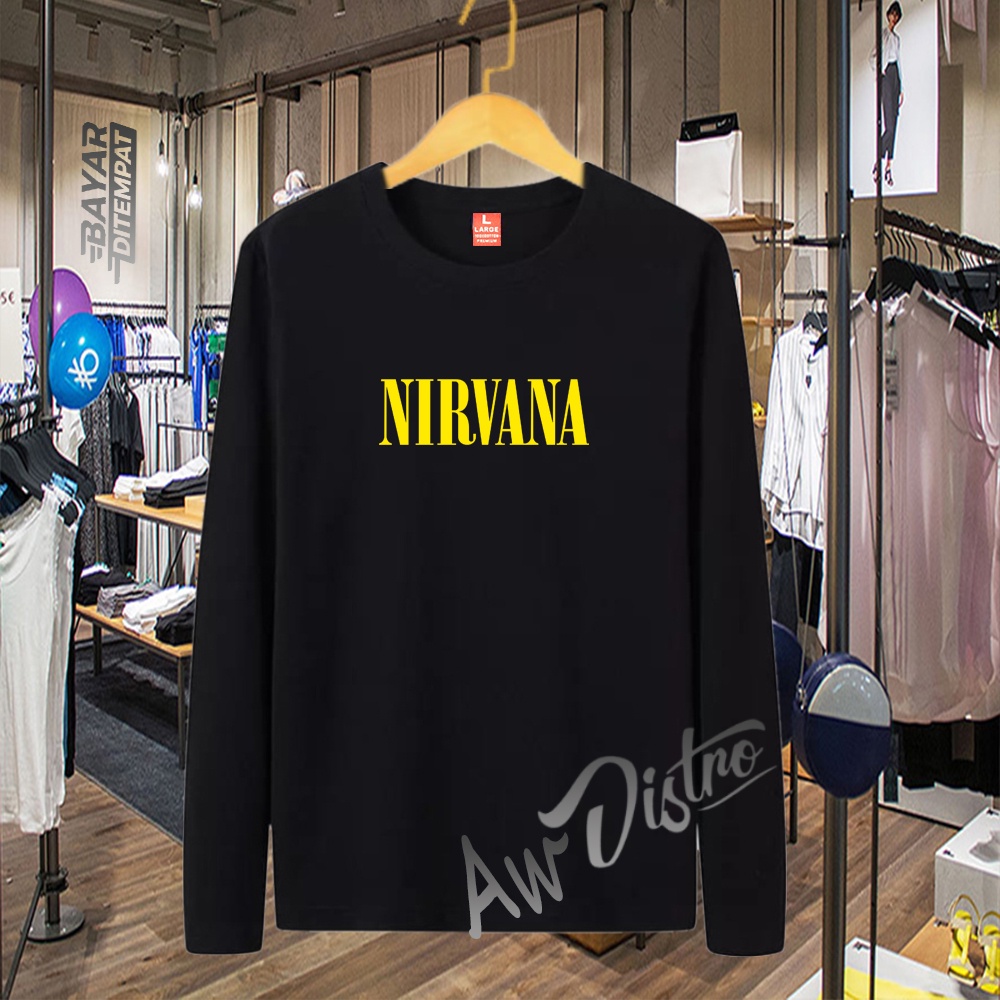 COD Baju Kaos Distro Nirvana Taxt Kuning Premium Quality Lengan Panjang Kaos Tulisan Kaos Kata-Kata Kaos Sablon Big Size