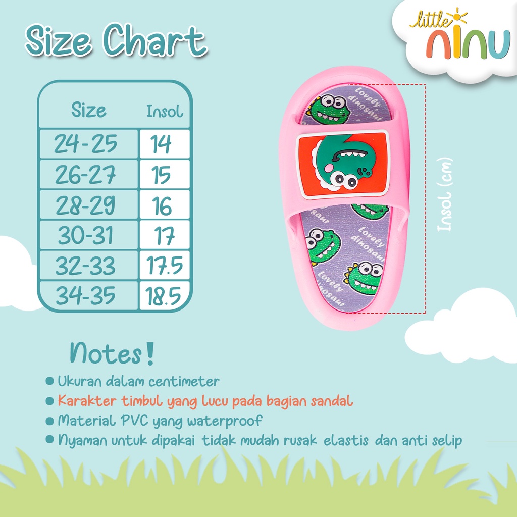 LITTLE NINU Sandal Jelly Anak Slip On Slipper Karakter Dinosaurus