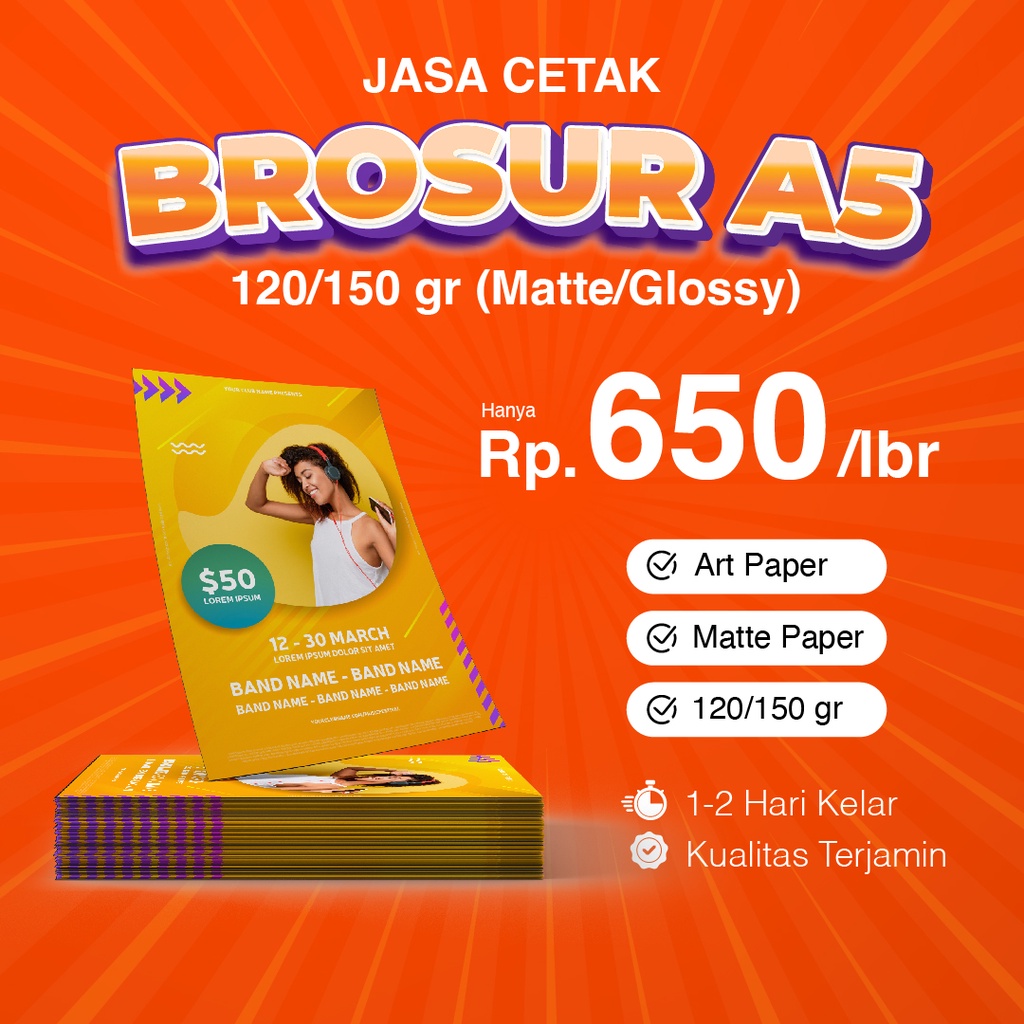 

Cetak BROSUR/FLYER ukuran A5 1 sisi/2 sisi, Art Paper 120/150 untuk Promosi, Perusahaan, Lembaga