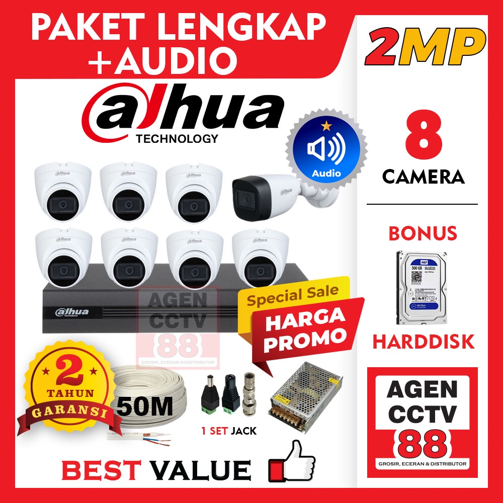 Paket CCTV DAHUA AUDIO MIC 2MP 8CH 8 Channel Kamera Lengkap Kabel +Harddisk