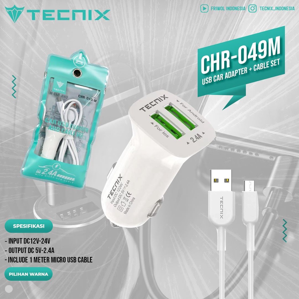 TECNIX CHR-049 M CAR CHARGER / SERVER MOBIL MICRO USB CABLE DUAL USB ORIGINAL