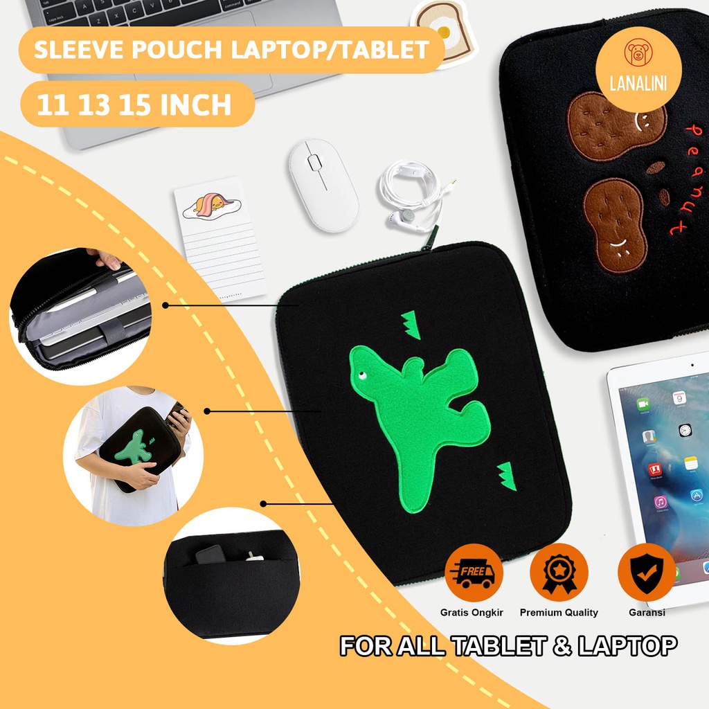 Sleeve Pouch Sarung Tas Bag Case Ipad Tab Tablet Macbook Air Pro Laptop Asus Acer Lenovo HP Huawei 11 12 13 14 15 inch Motif Gambar Dinosaurus Peanut Gummy Bear Beruang Warna Hitam Coklat Hijau Lucu Cute Murah Korean Model Banyak Slot Ruang Stationary