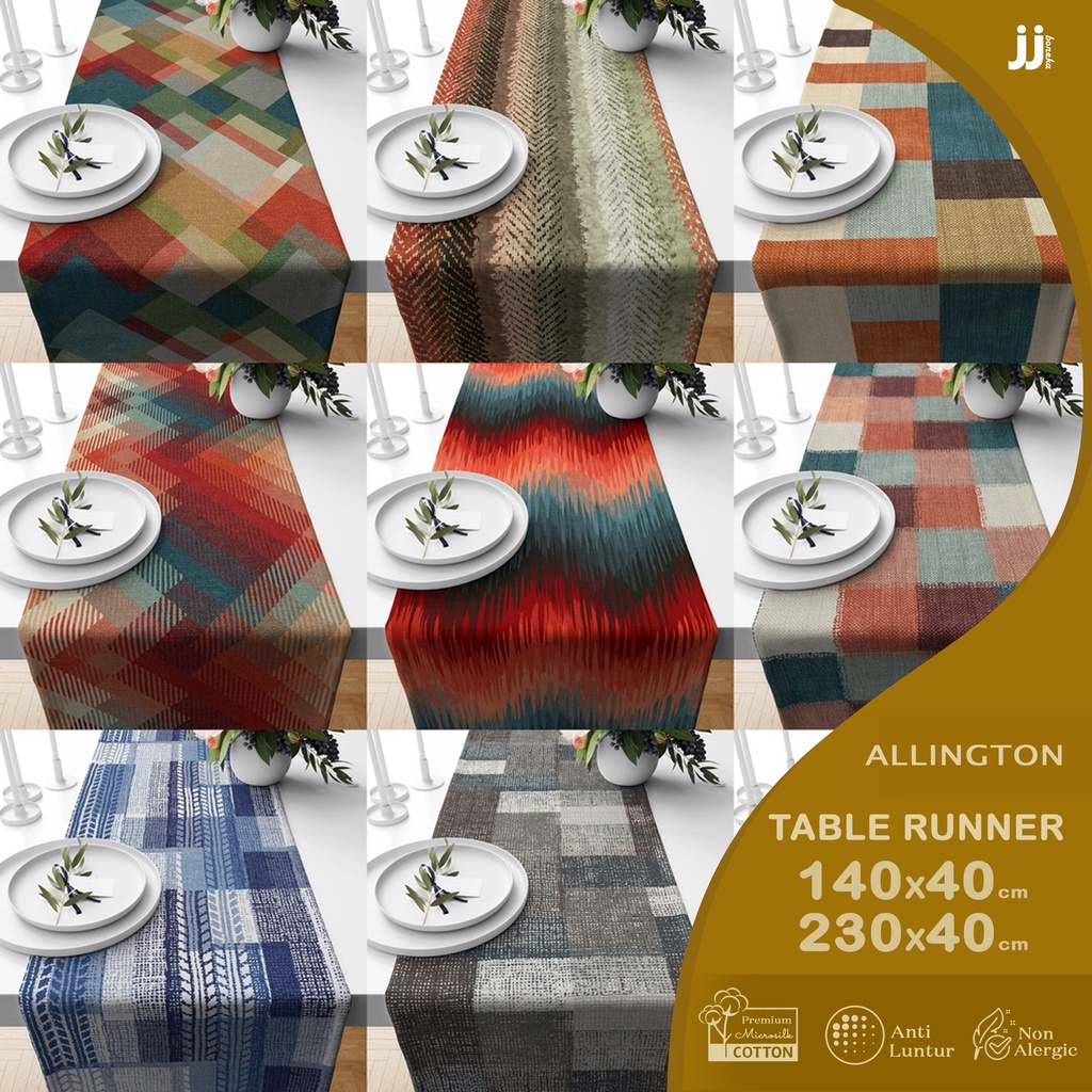 Table Runner / Taplak Meja Print Motif Allington Tenun Abstrak 140x40 dan 230x40 cm Patchwork Dekorasi Meja Makan Kasur