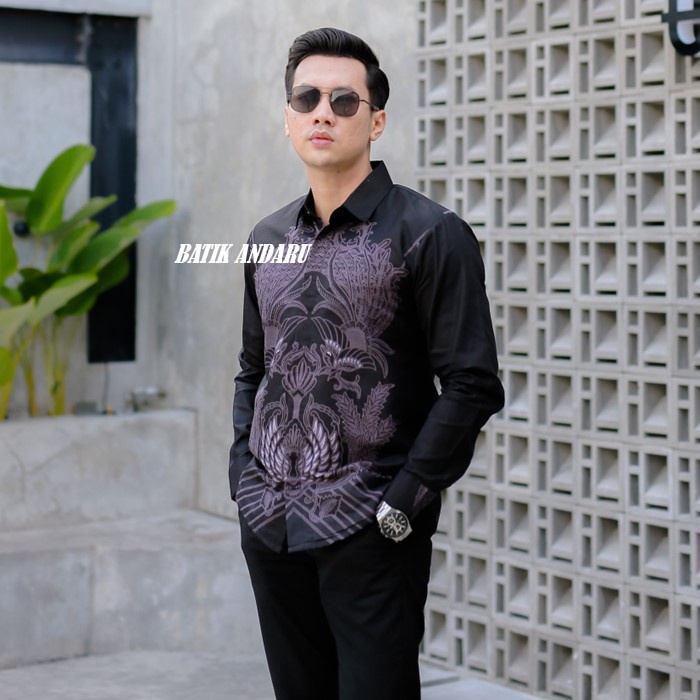 Batik Pria Slim Fit Lengan Panjang Full Furing Erro Heem Kemeja Laskala Premium Warna Hitam Pekat