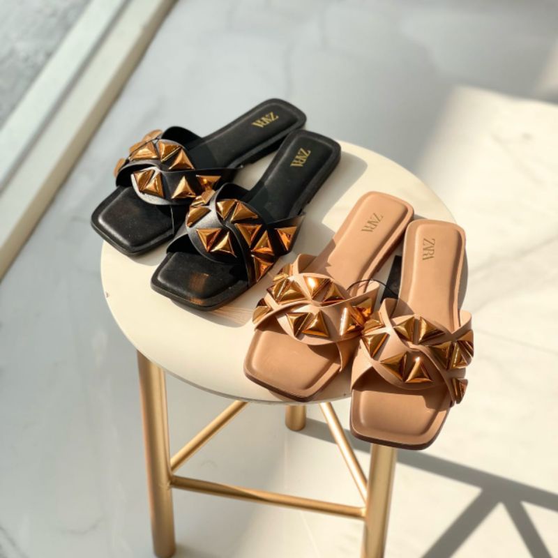 PROMO SALE Sandal Zara flat hitam nude coklat cream gold