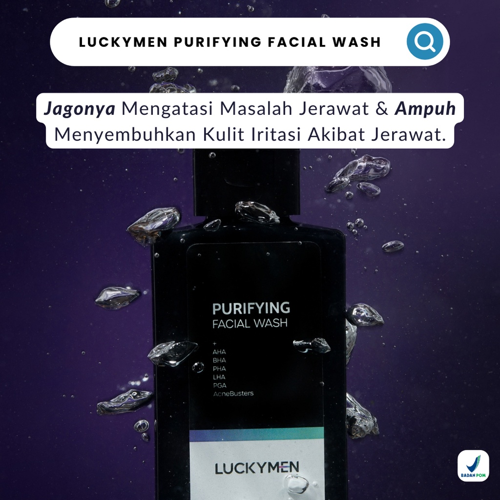 Sabun Muka Menyembuhkan Mencegah Membersihkan mengurangi Meredakan jerawat kemerahan Iritasi Minyak belebih Kotoran Noda Pori Pori Kulit Wajah Luckymen Purifying Facial Wash Skincare pria Ampuh Original BPOM