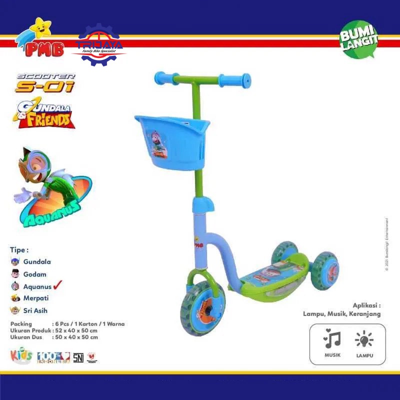 PMB Scooter S-01 Gundala & Friends Series Mainan Skuter Anak Roda 3