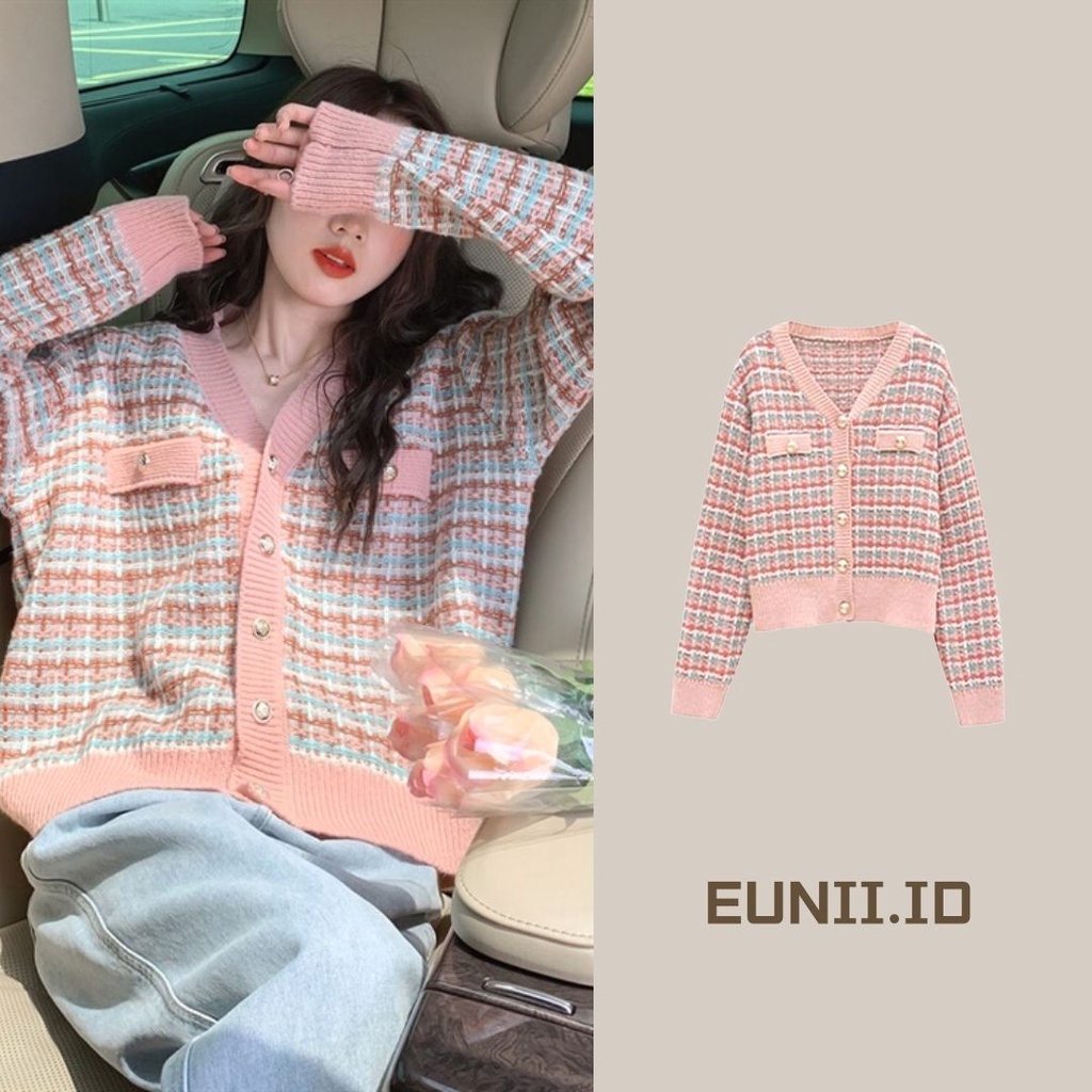 EUNII Cardigan Rajut Wanita Fashion Jaket Wanita Terbaru Outer Crop Korean Style