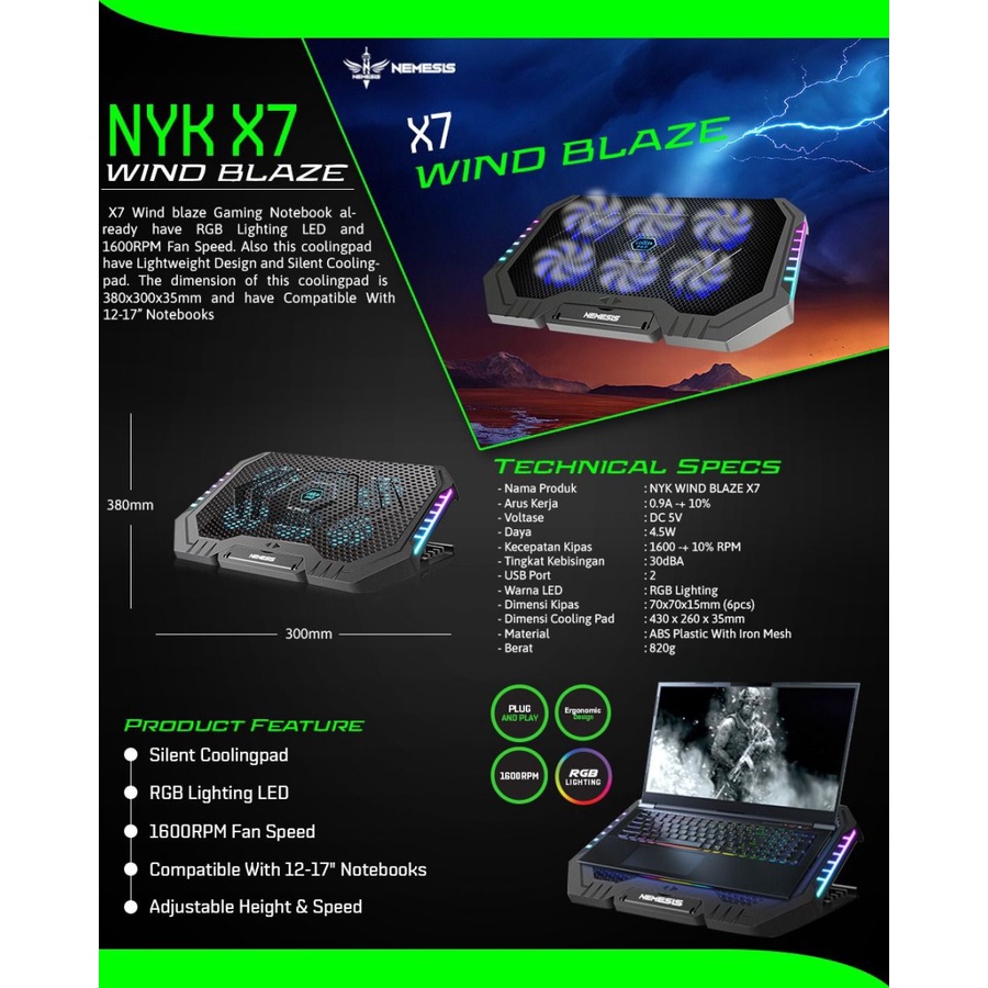 NYK Nemesis Coolingpad RGB with 6 Fan Wind Blaze X7