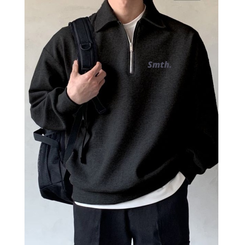 Crewneck Zipper Smith Teks Hitam / Sweater Berkerah / Sweatshirt Cotton Fleece Tebal