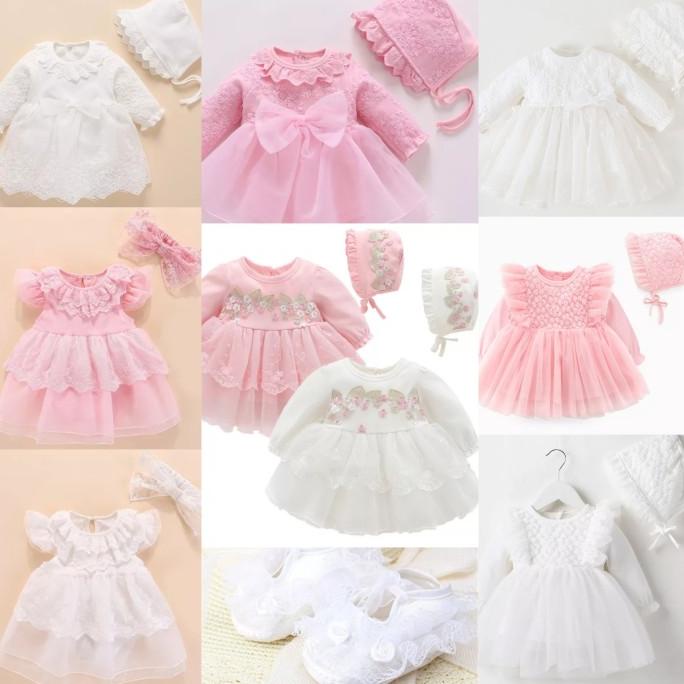 Dress bayi set topi aqiqah baptis putih pink polos renda bunga