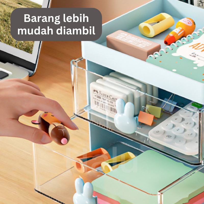 Halu Kotak Laci Penyimpanan 2 Layer Kelinci Kotak Penyimpanan Atk Multifungsi Kotak Desktop