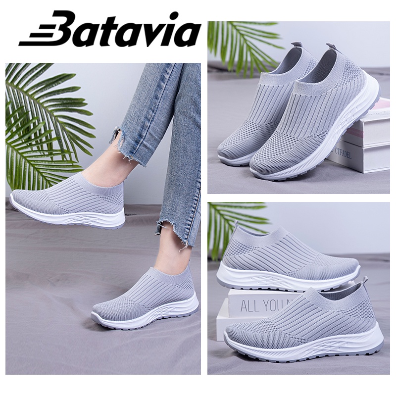 Batavia 2023 GROSIR sepatu kanvas wanita rajut sepatu wanita Sepatu sekolah sepatu tanpa tali hitam Sepatu Wanita Sport Women Sneakers N8