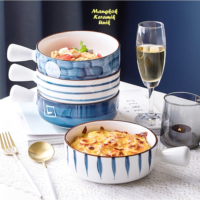 Best Seller Mangkok Keramik Unik 4 Motif Ada Tangkai Pegangan Keramik Tebal Sup