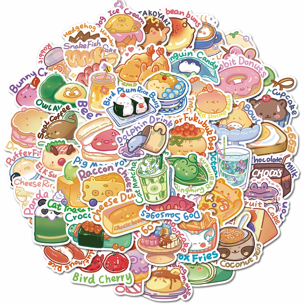 50pcs Cartoon Animal Food Cute Creative Decal Mobile Phone Water Cup Waterproof Decal